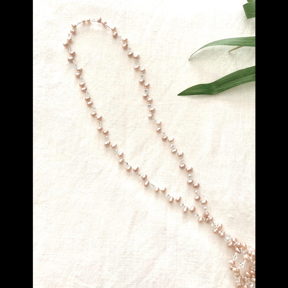 PINK PEARL LARIAT & CRYSTAL NECKLACE 42” - Picture 3 of 6